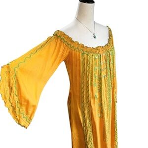 Poupette St. Barth Yellow Embroidered Off Shoulder Smocked Resort Mini Dress